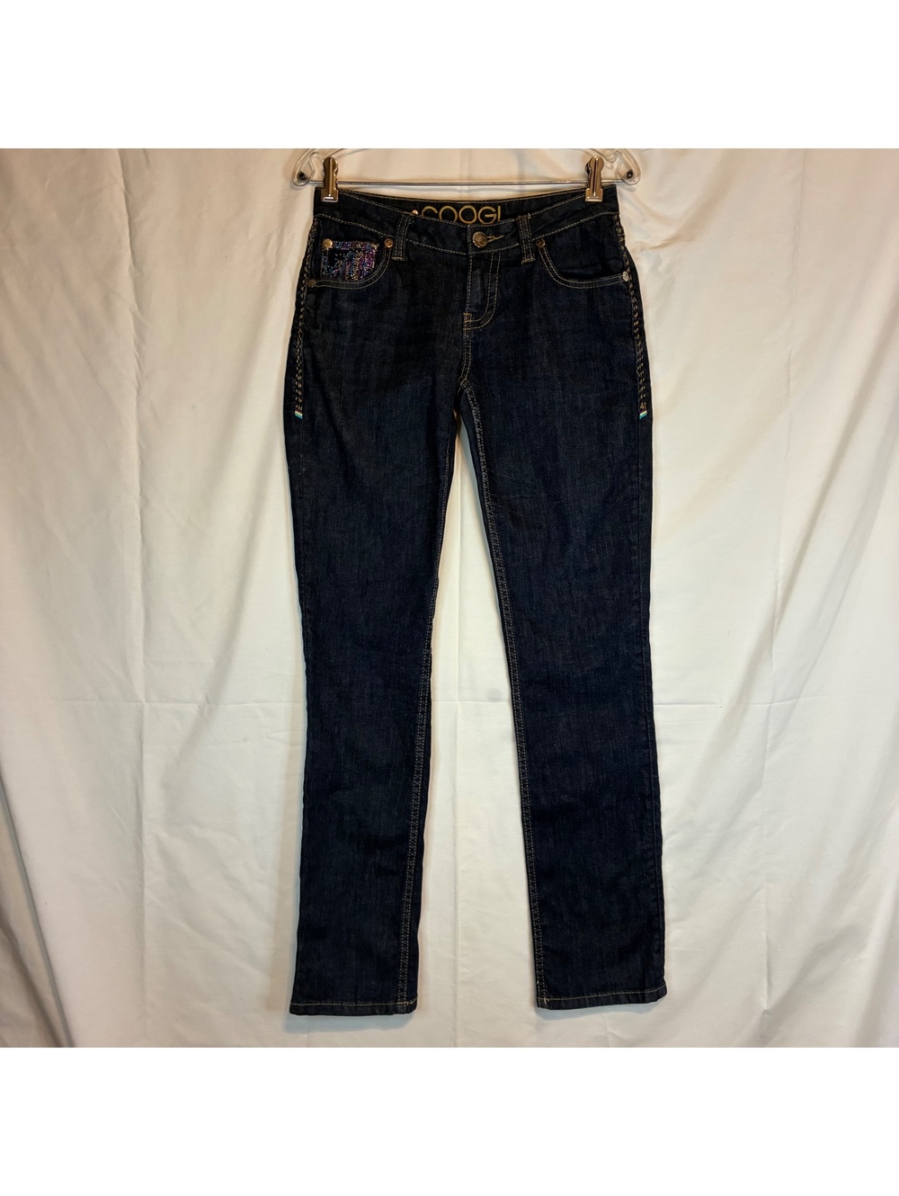 Vintage COOGI Womens Dark Wash Straight Leg Jeans Y2K Rhinestone Embellished 7/8